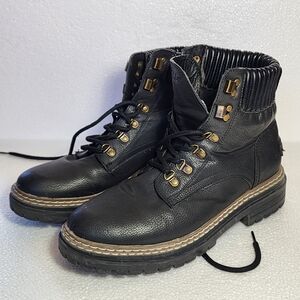 Nautica Leralynn Black Leather Lace-Up Ankle Boots with Gold-Tone Hardware